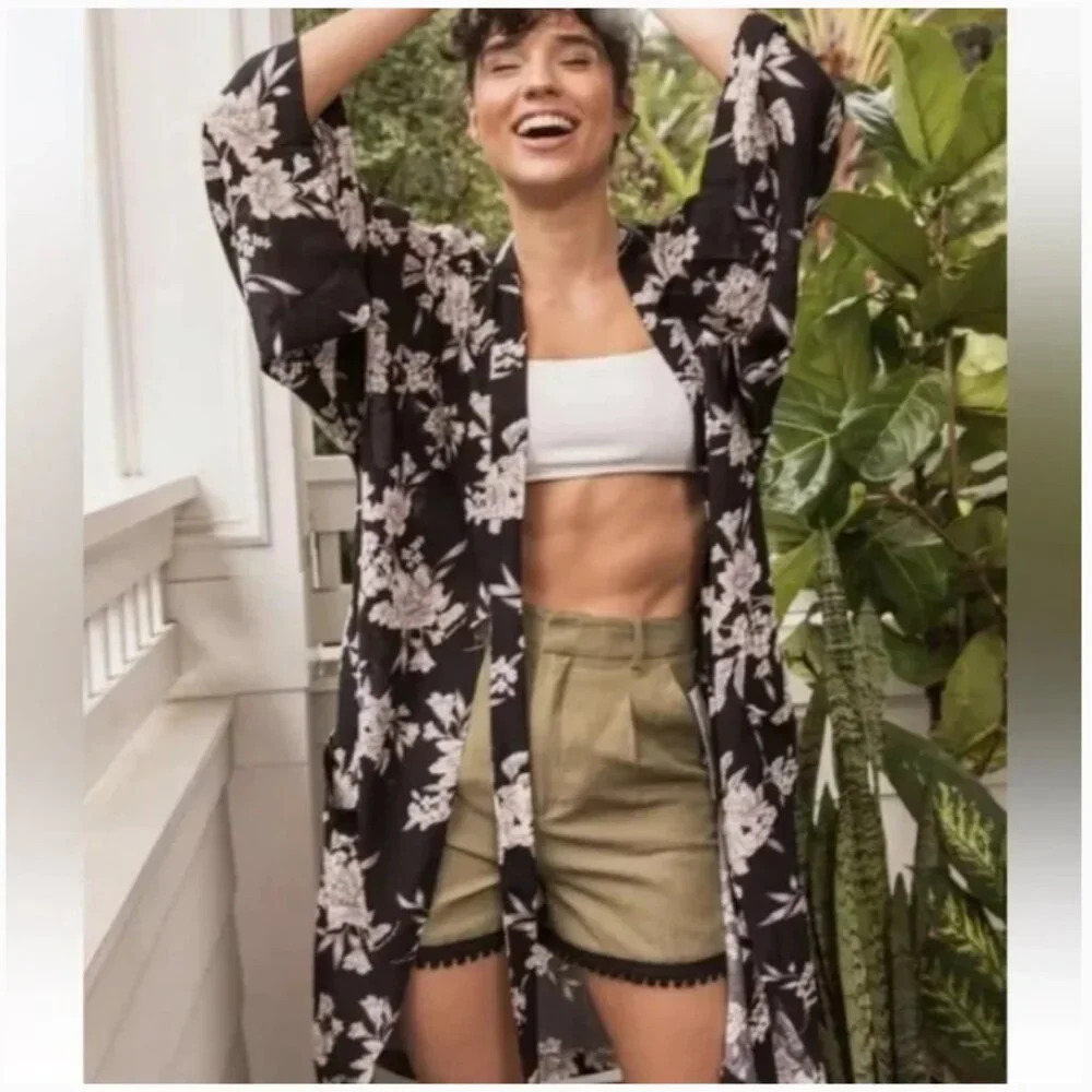 Spiritual Gangster Black Floral Print Maya Robe/Duster Cardigan - Size OS